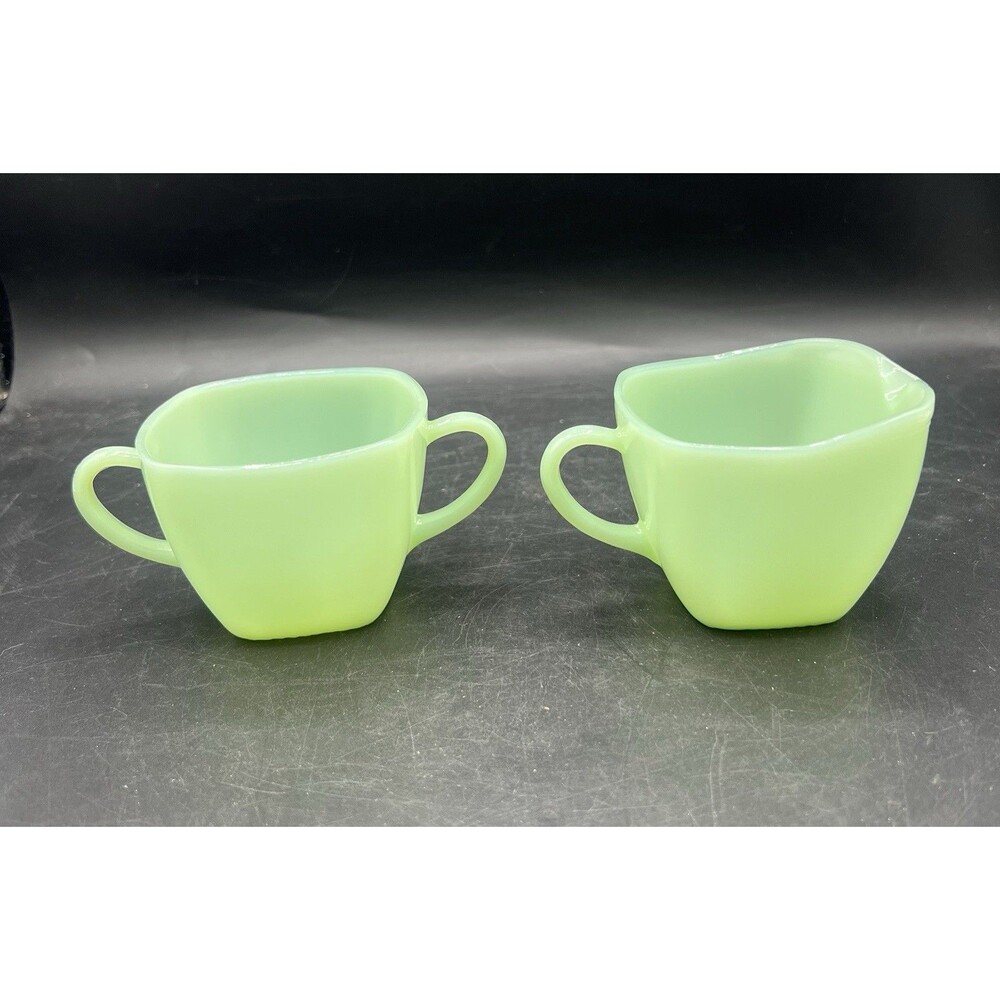 VTG Fire King Jadeite Charm Creamer & Sugar Bowl Set Green Glass No Lid Unmarked
